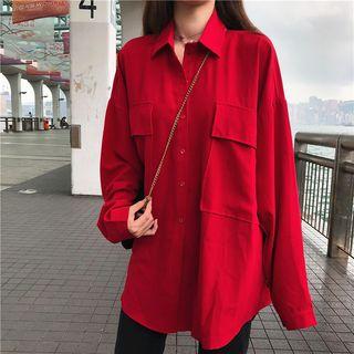 Long Sleeve Pocket Oversized Shirt Red - One Size