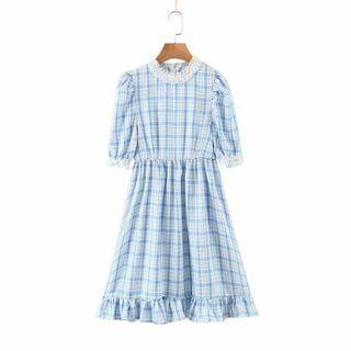 Set: Elbow-sleeve Plaid A-line Dress + Undershorts