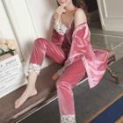 Set: Lace Trim Velvet Camisole Top + Robe + Pants