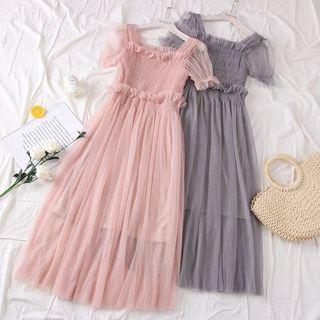 Set: Square-neck Ruffled Mesh Midi Dress + Slipdress