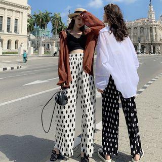 Plain Long-sleeve Loose-fit Shirt / Padded Cropped Sleeveless Top / Dot Loose-fit Pants