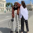 Plain Long-sleeve Loose-fit Shirt / Padded Cropped Sleeveless Top / Dot Loose-fit Pants