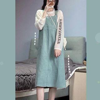Long-sleeve Lettering Print T-shirt / Midi A-line Overall Dress / Set