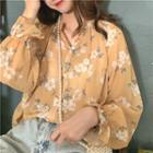 Long-sleeve Floral Chiffon Blouse Yellow - One Size