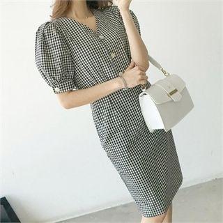 Shirtwaist Linen Blend Gingham Sheath Dress
