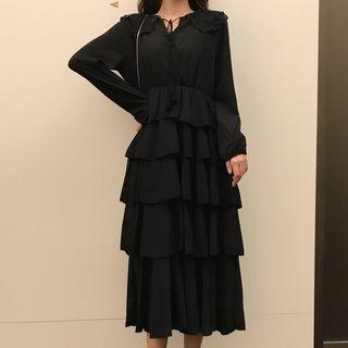 Long-sleeve Crochet Collar Tiered Midi Chiffon Dress