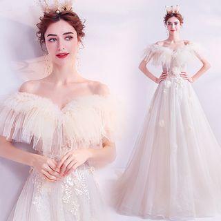 Off-shoulder Flower Applique A-line Mesh Evening Gown