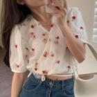 Short-sleeve Flower Embroidered Blouse Red Floral - White - One Size