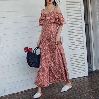 Cold-shoulder Ruffled Floral Print Maxi A-line Dress