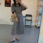Elbow-sleeve Striped Oversize Dress