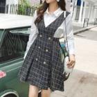 Mock Two-piece Long-sleeve Plaid A-line Mini Dress