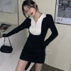 Long-sleeve Half-zip Knit Mini Bodycon Dress Black & White - One Size
