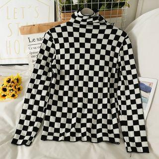 Checkerboard Cowl-neck Knit Top