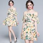 Elbow-sleeve Cold Shoulder Floral Print Dress