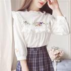 3/4-sleeve Floral Embroidered Frill Trim Blouse
