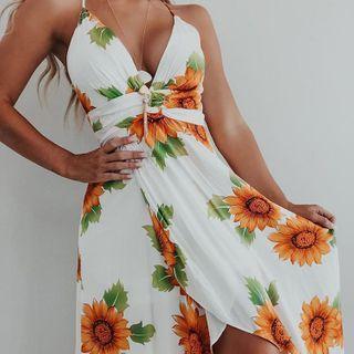 Halter-neck Flower Print A-line Dress