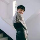 Turtle-neck Drop-shoulder Stripe Top
