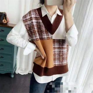 Plaid Color Block Sweater Vest