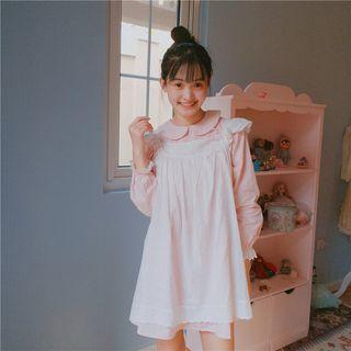 Set: Peter Pan Collar Long-sleeve Dress + Pinafore Dress