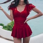 Short-sleeve Lace Panel Swim Dress