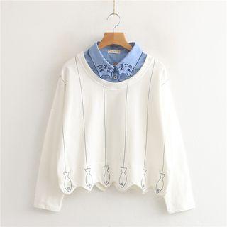 Cat Embroidered Collar Mock Two-piece Pullover