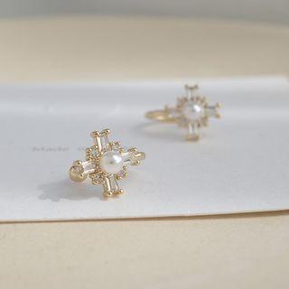 Faux Pearl Rhinestone Cross Stud Earring