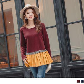 Color Block Pleated Panel Long Sleeve Top