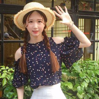 Floral Print Open Shoulder Short-sleeve Chiffon Top