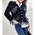 V-neck Fringed Tweed Cardigan Black - One Size