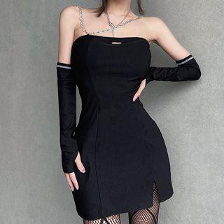 Set: Spaghetti-strap Slit Mini Sheath Dress + Arm Sleeves