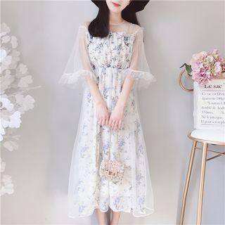 Elbow-sleeve Sheer Panel Floral Print Midi Dress