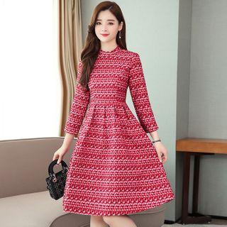 3/4-sleeve Woven Midi A-line Dress