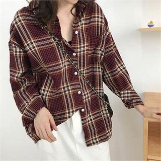 Pocket-front Plaid Shirt Brown - One Size