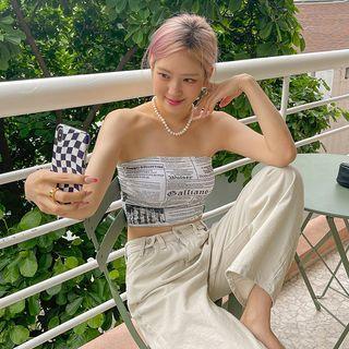 Newspaper-print Cropped Tube Top