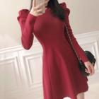 Long-sleeve Mock-neck Knit Mini A-line Dress