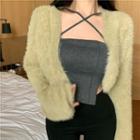 Fluffy Cropped Cardigan / Halter Crisscross Camisole Top