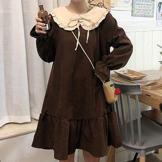 Bell-sleeve Collared Ruffle Hem Sweatshirt Dress