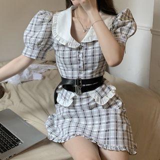 Set: Puff-sleeve Plaid Mini A-line Dress + Layered Belt