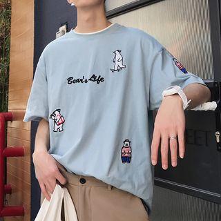Bear Embroidered Elbow-sleeve T-shirt