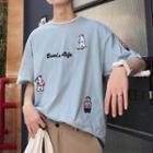 Bear Embroidered Elbow-sleeve T-shirt