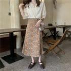 Short-sleeve Lace Trim Blouse / Floral Midi A-line Skirt