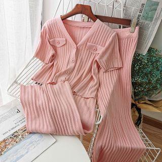 Set: V-neck Knit Top + Straight-cut Wide-leg Cropped Pants