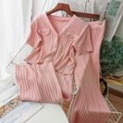 Set: V-neck Knit Top + Straight-cut Wide-leg Cropped Pants