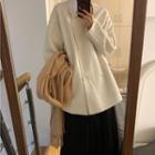 Drop Shoulder Plain Double Breasted Woolen Coat With Sash / High-waist Plain Plaid Slit Skirt