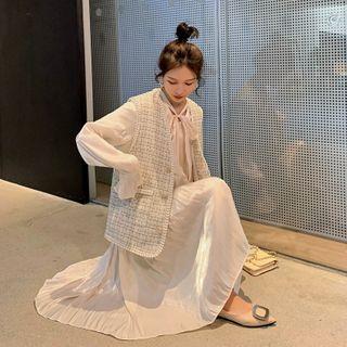 Set : Plaid Vest Jacket + Bell-sleeve Dress