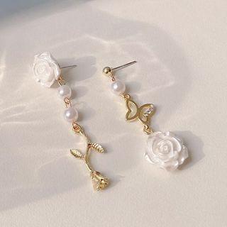 Rose Acrylic Faux Pearl Asymmetrical Dangle Earring 01 - 1 Pair - Dangle Earring - Asymmetrical - Silver - Rose - White - One Size