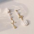 Rose Acrylic Faux Pearl Asymmetrical Dangle Earring 01 - 1 Pair - Dangle Earring - Asymmetrical - Silver - Rose - White - One Size