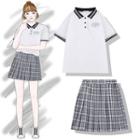 Short-sleeve Polo Shirt / Plaid A-line Skirt