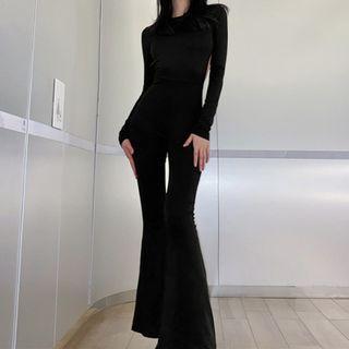 Long-sleeve Open-back Bell Bottom Jumpsuit