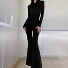 Long-sleeve Open-back Bell Bottom Jumpsuit